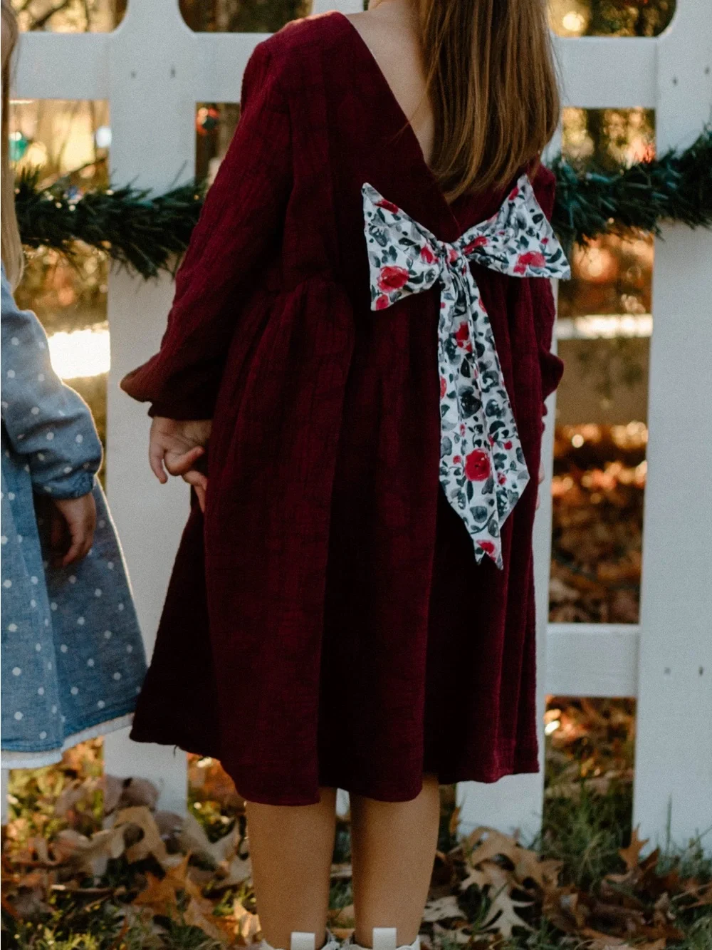 Girls' Long-Sleeve Wine Red Textured Casual Dress
